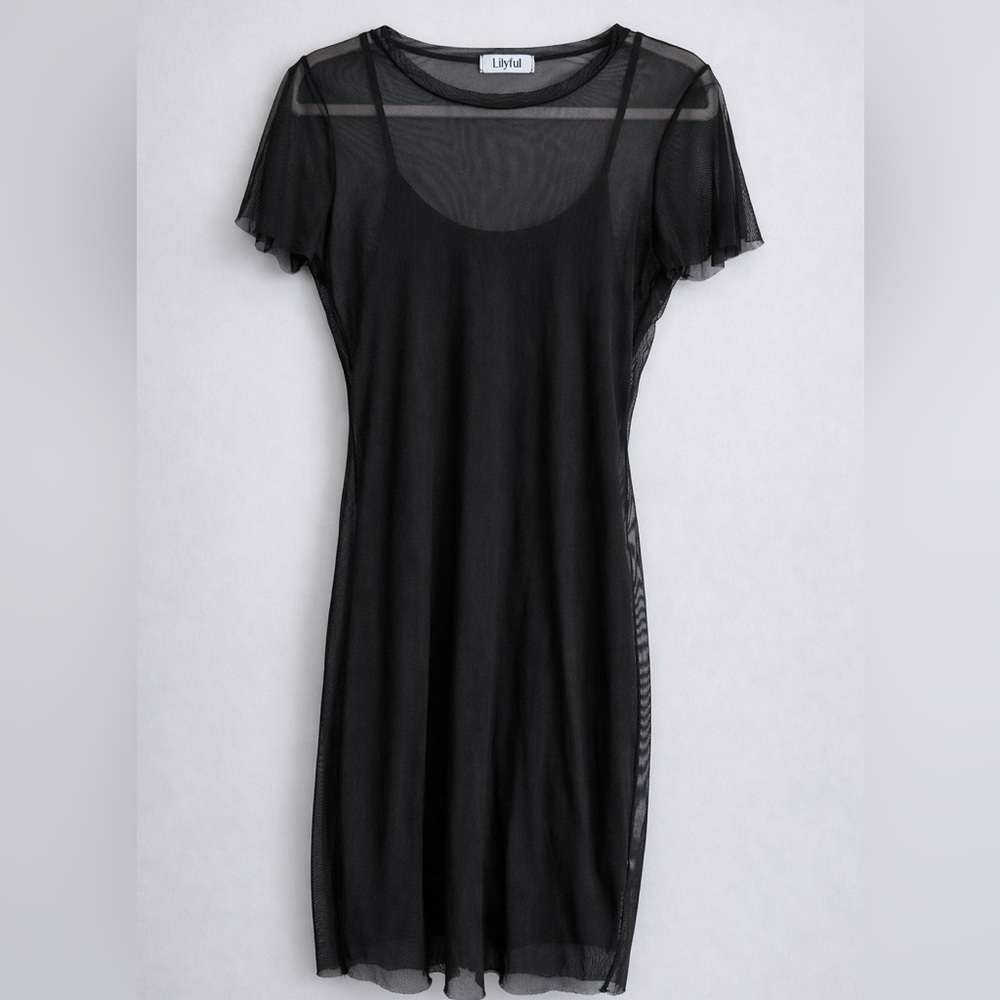 Black Sheer Mesh Overlay Bodycon Dress – Lilyful